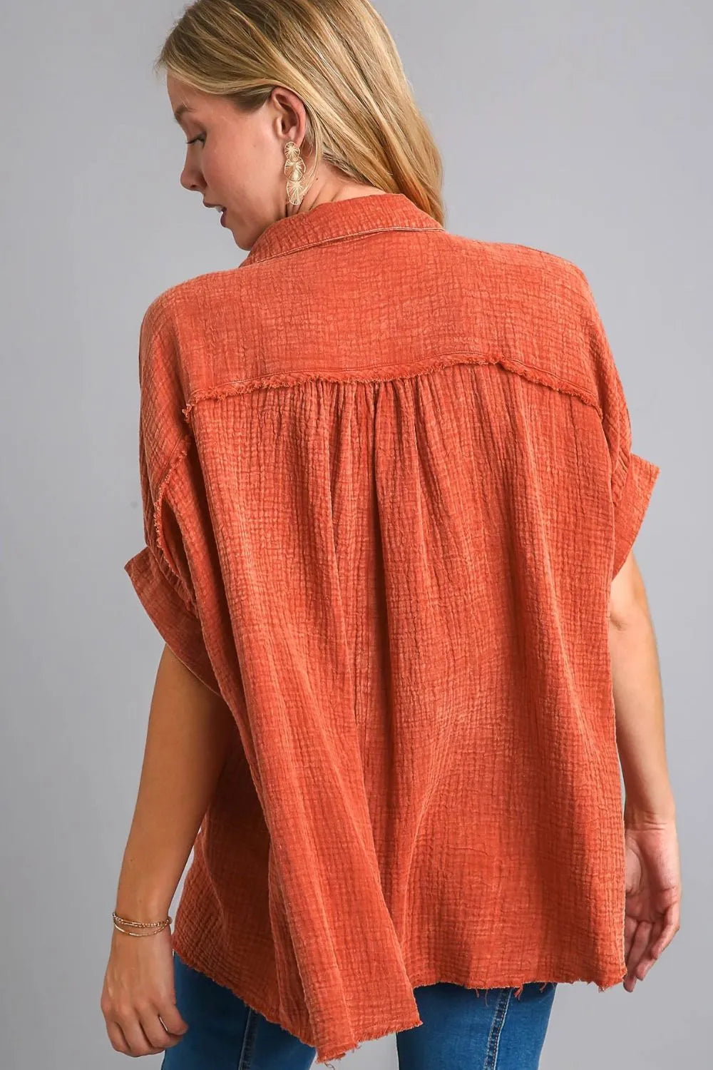 TEEK - Orange Red Mineral Wash Button Down Shirt TOPS TEEK Trend