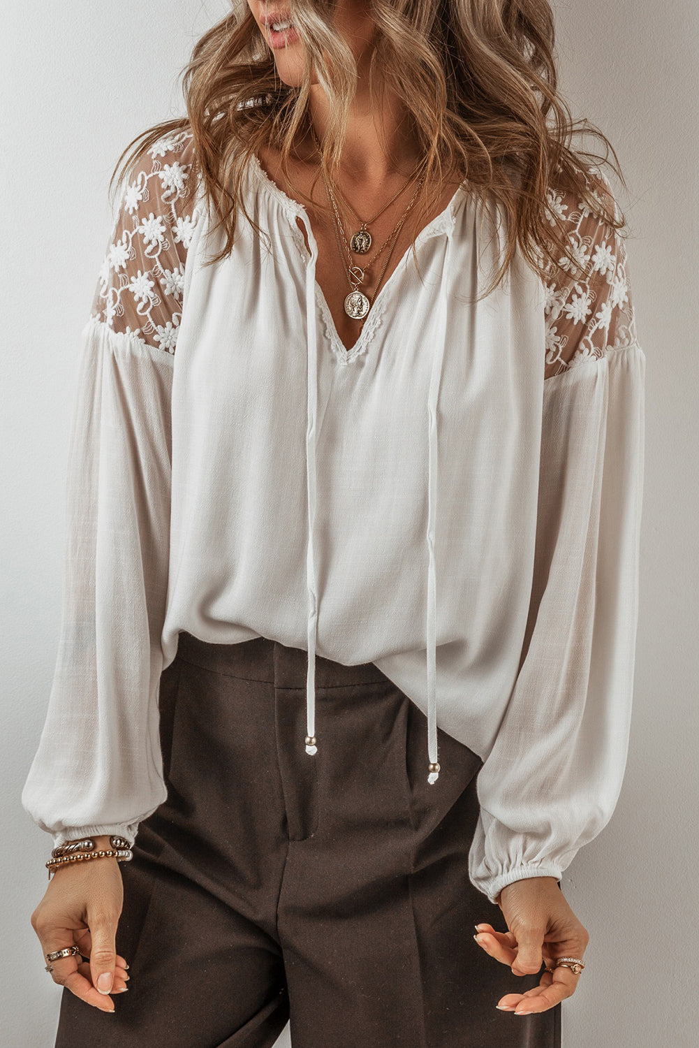 Lace Detail Tie Neck Long Sleeve Blouse TEEK Trend