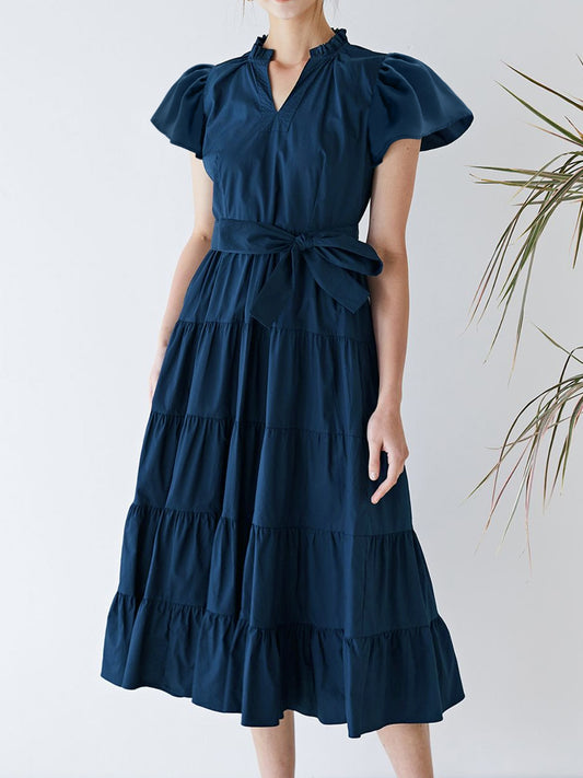 TEEK - Dark Blue Ruched Tiered Notched Short Sleeve Dress