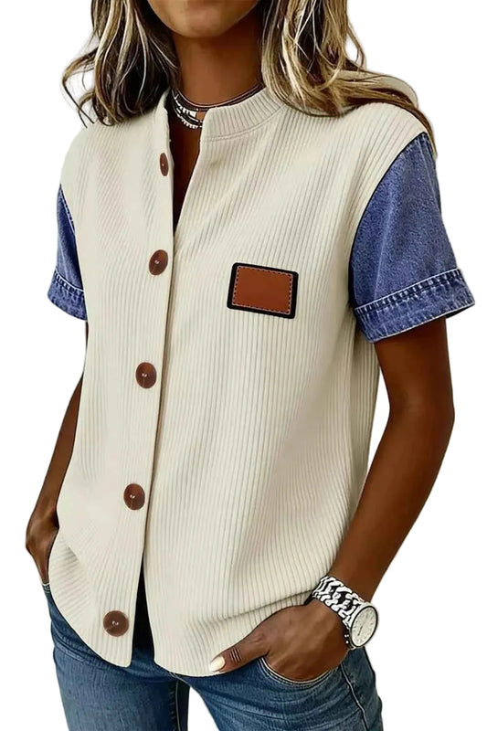 TEEK - Ribbed Knit Button-Down Shirt with Denim Sleeves TOPS TEEK Trend Beige S
