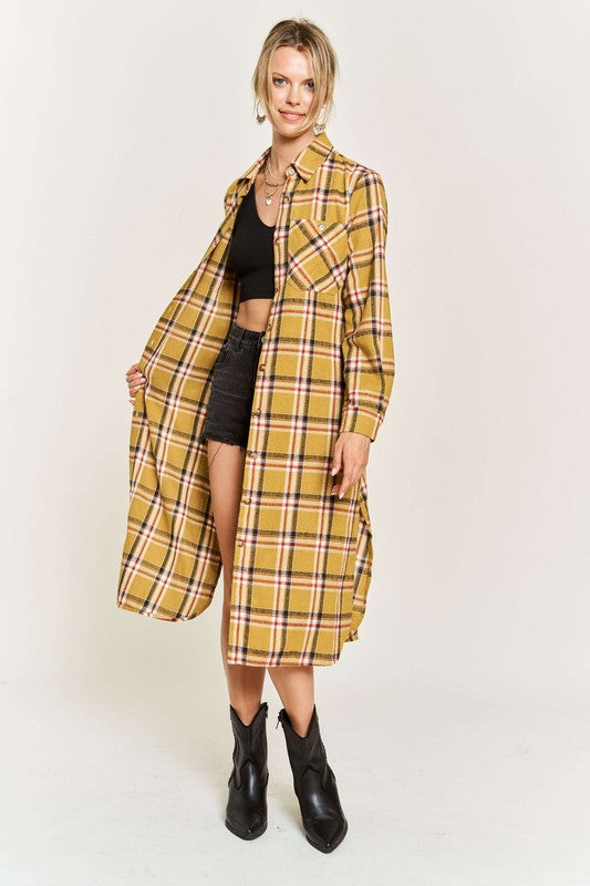 TEEK - PLUS SIZE  PLAID PRINT COLLAR LONG SHIRT DRESS DRESS TEEK FG MUSTARD 1X 