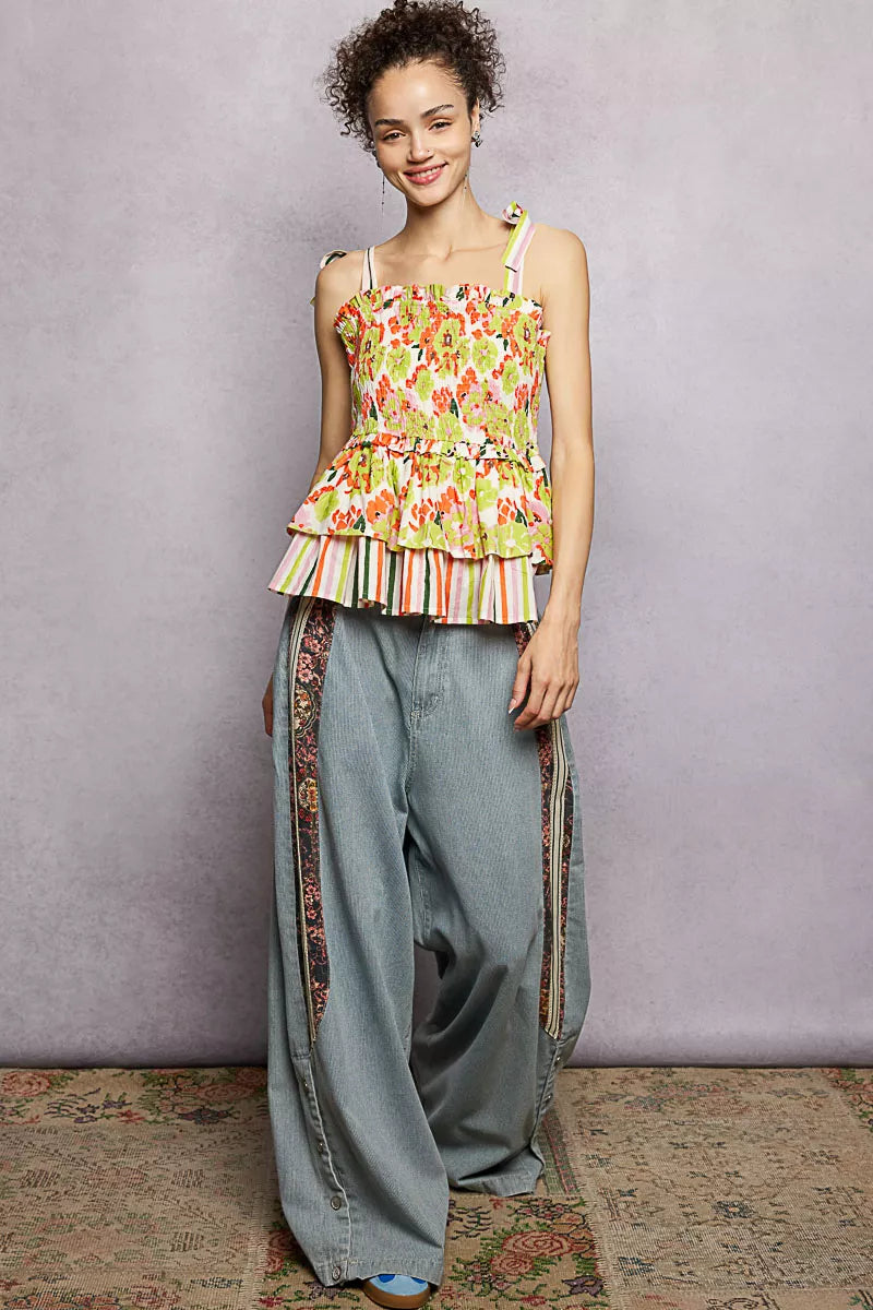 POL Floral Smocked Ruffled Cami with Tie Shoulder Straps Trendsi