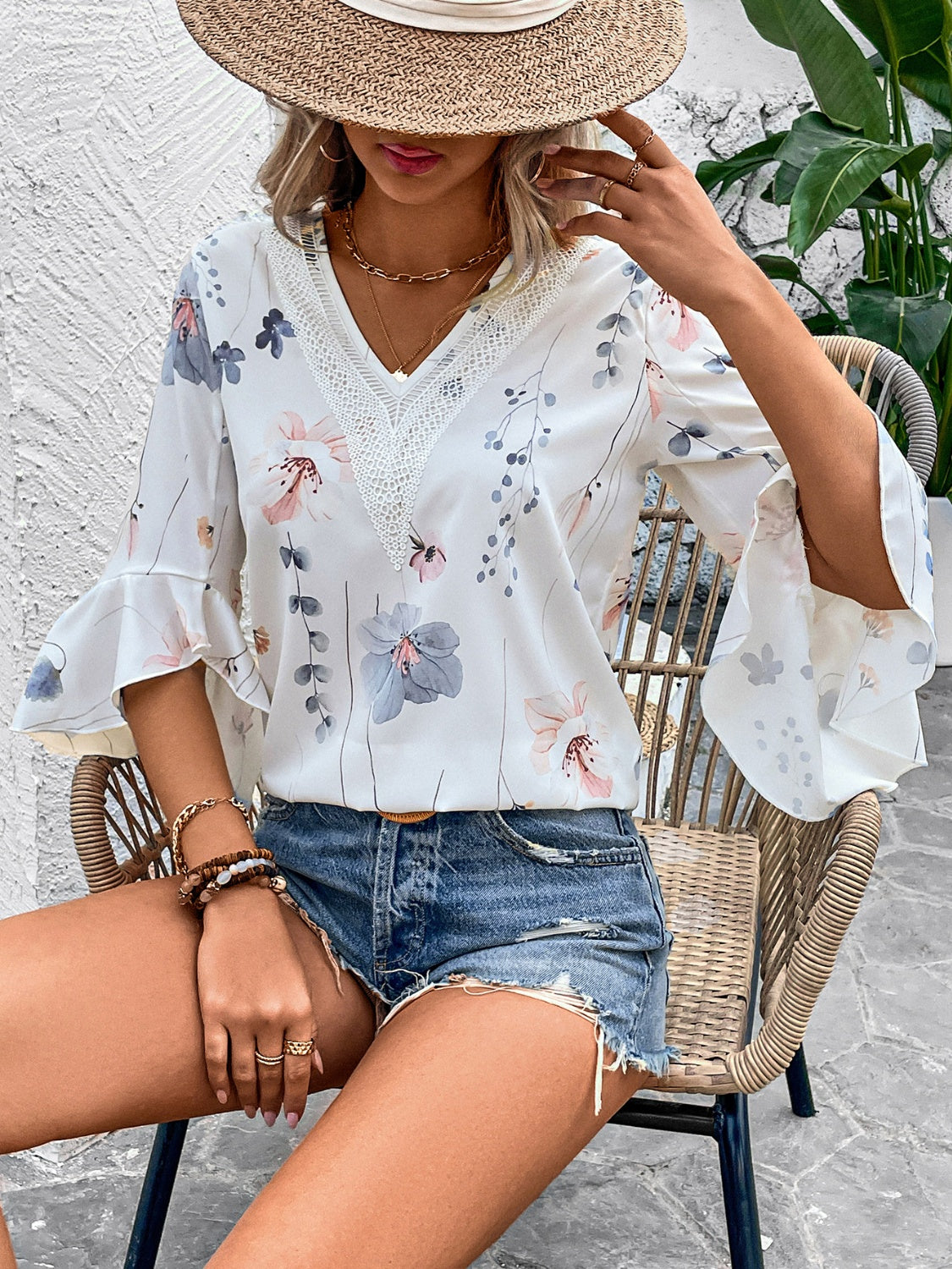 TEEK - Honey Ruffled Printed V-Neck Half Sleeve Blouse TOPS TEEK Trend   