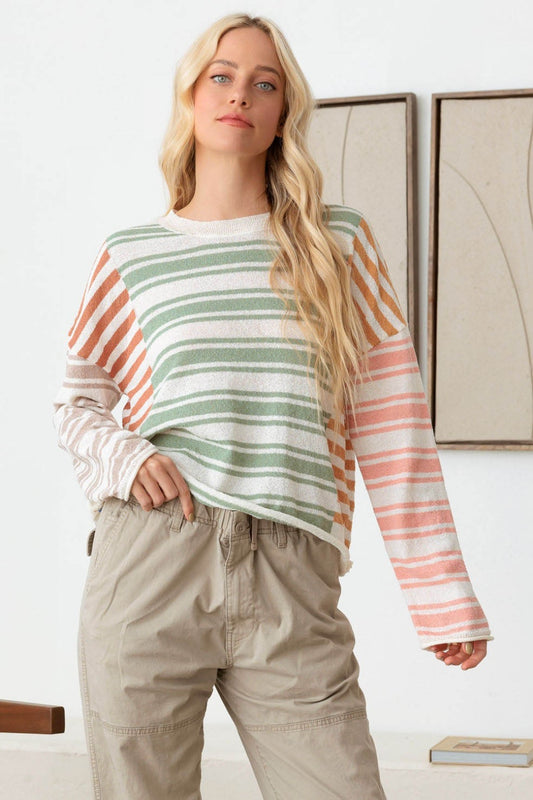 TEEK - Sage Stripe Long Sleeve Relaxed Knit Top TOPS TEEK Trend S  