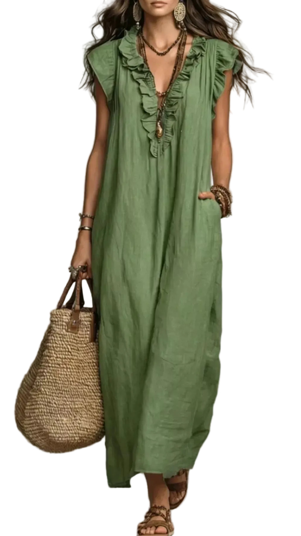 TEEK - Ruffled V-Neck Cap Sleeve Maxi Dress DRESS TEEK Trend Army Green S