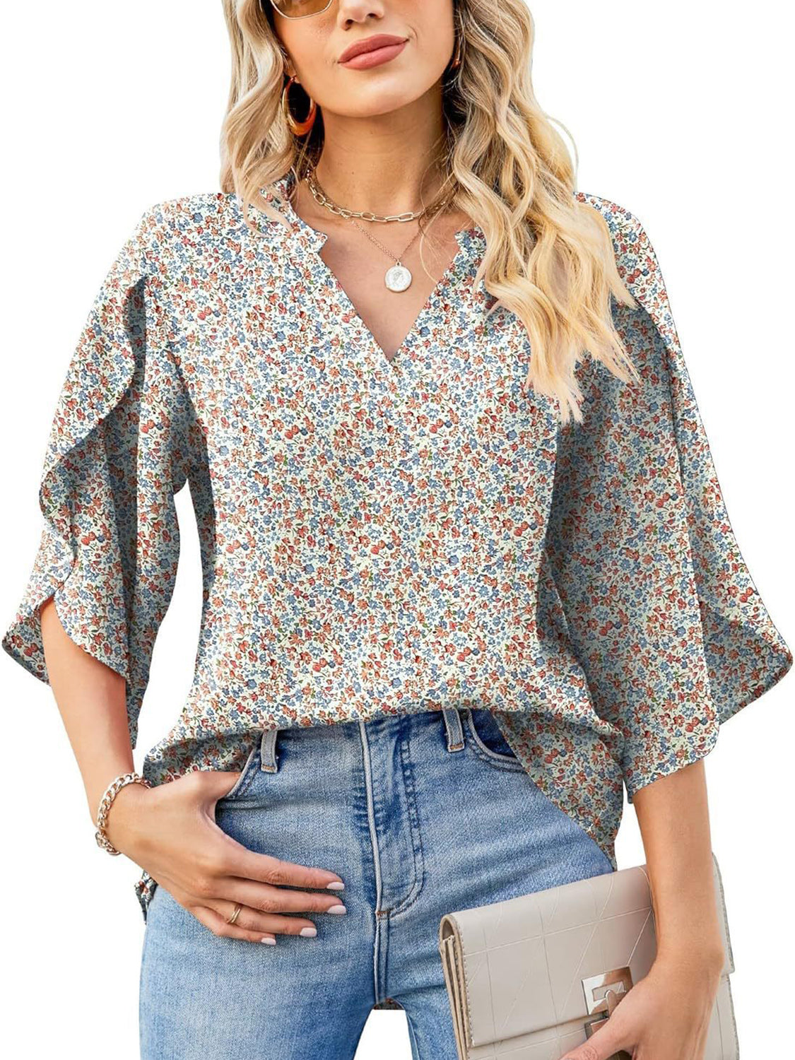 TEEK - Printed Notched Widened Half Sleeve Blouse TOPS TEEK Trend   