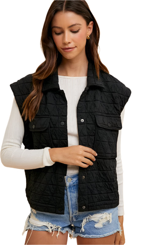 TEEK - Black Texture Quilted Snap Down Vest Coat VEST TEEK Trend S