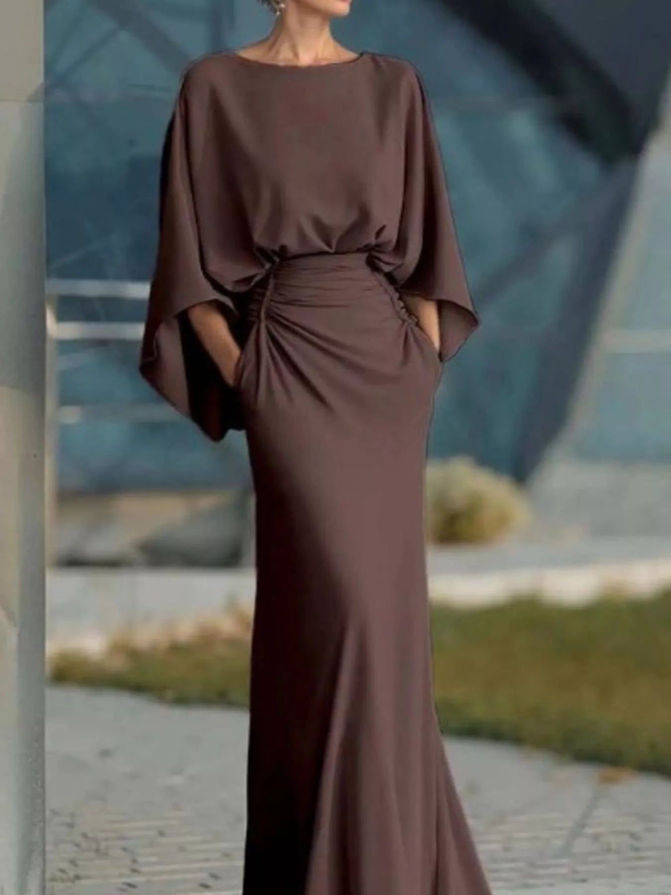 Batwing Sleeve Ruched Maxi Dress Trendsi Brown S