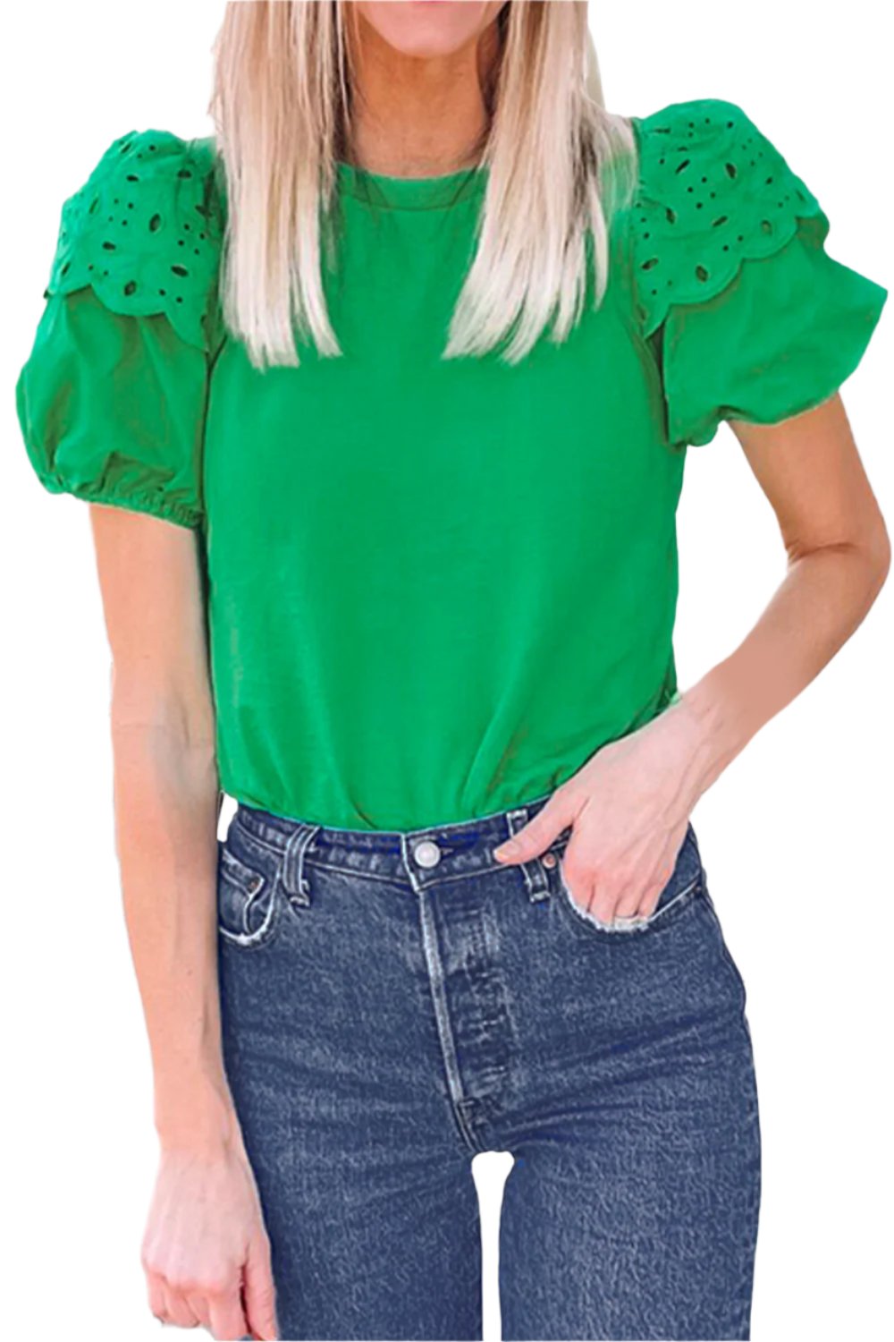 TEEK - Mid-Green Eyelet Short Sleeve Blouse TOPS TEEK Trend   