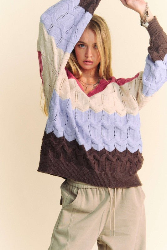 TEEK - Mauve Light Blue Wavy Texture Color Block V-Neck Sweater TOPS TEEK Trend