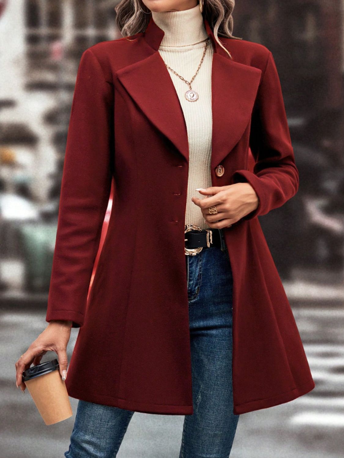 Collared Neck Button Up Long Sleeve Coat TEEK Trend