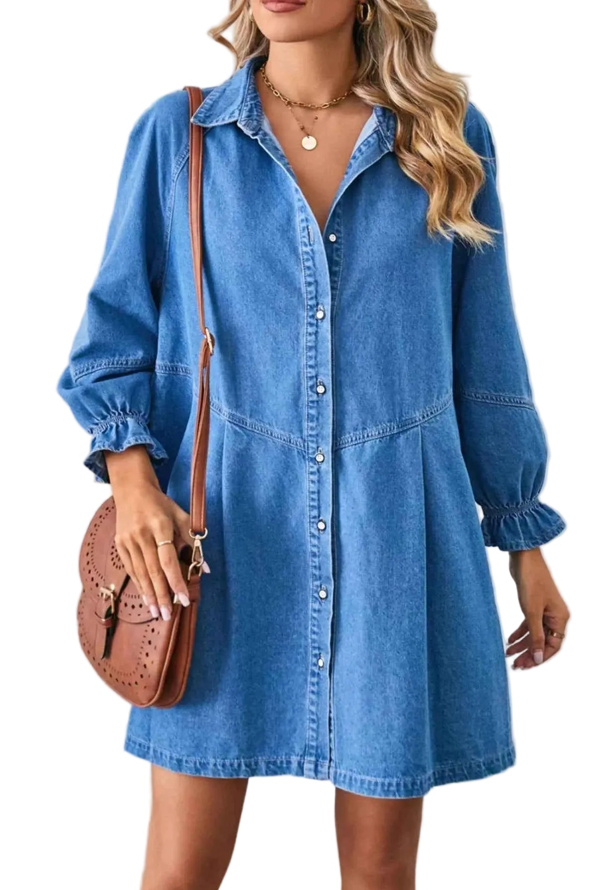 Button-Front Ruffle Cuff Denim Dress Trendsi