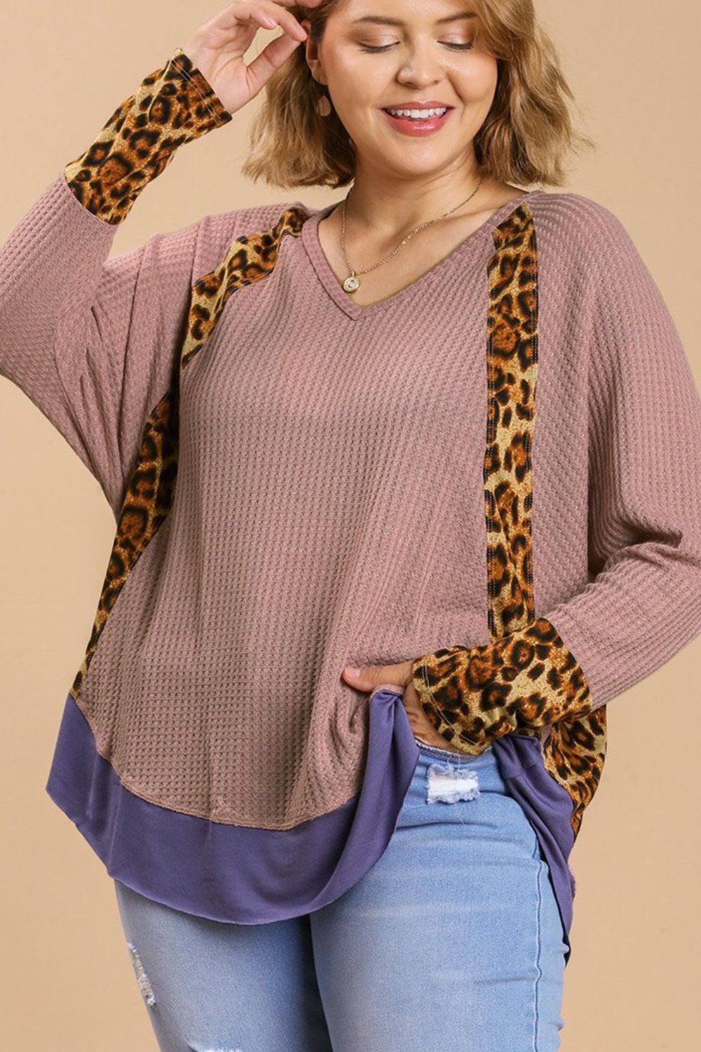 TEEK - Dusty Pink Leopard High-Low Dolman Sleeve Waffle Knit Top TOPS TEEK Trend