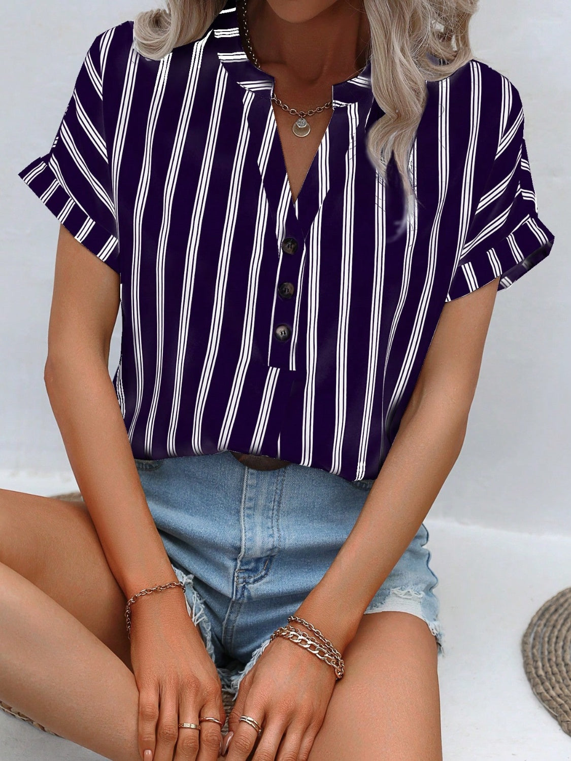 TEEK - Striped Button Notched Short Sleeve Blouse TOPS TEEK Trend   