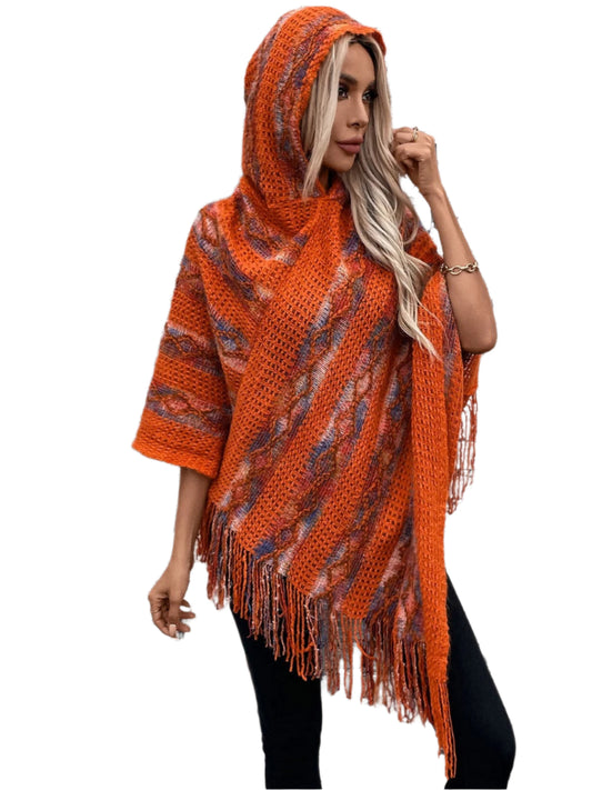 TEEK - Fringe Contrast Hooded Poncho JACKET TEEK Trend