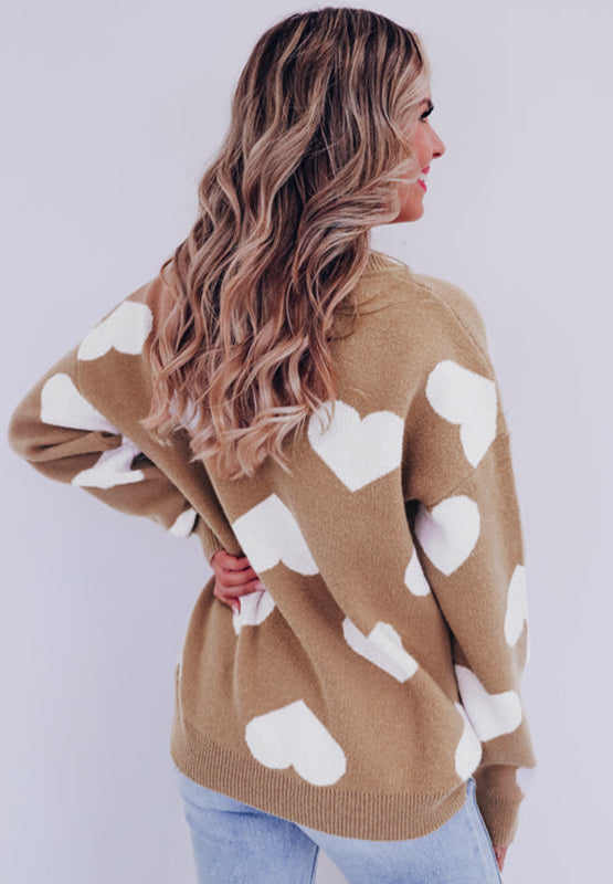 TEEK - Khaki Heart Round Neck Long Sleeve Sweater SWEATER TEEK Trend