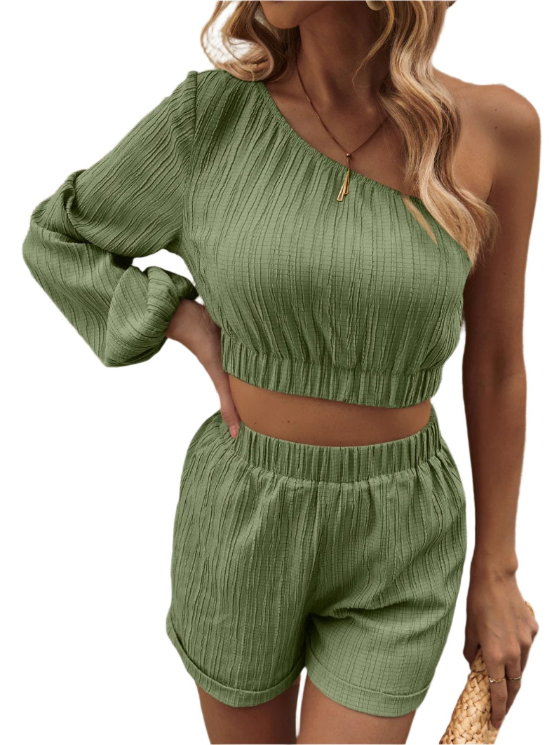 TEEK - Honey One Shoulder Long Sleeve Top Shorts Set SET TEEK Trend Matcha Green S 