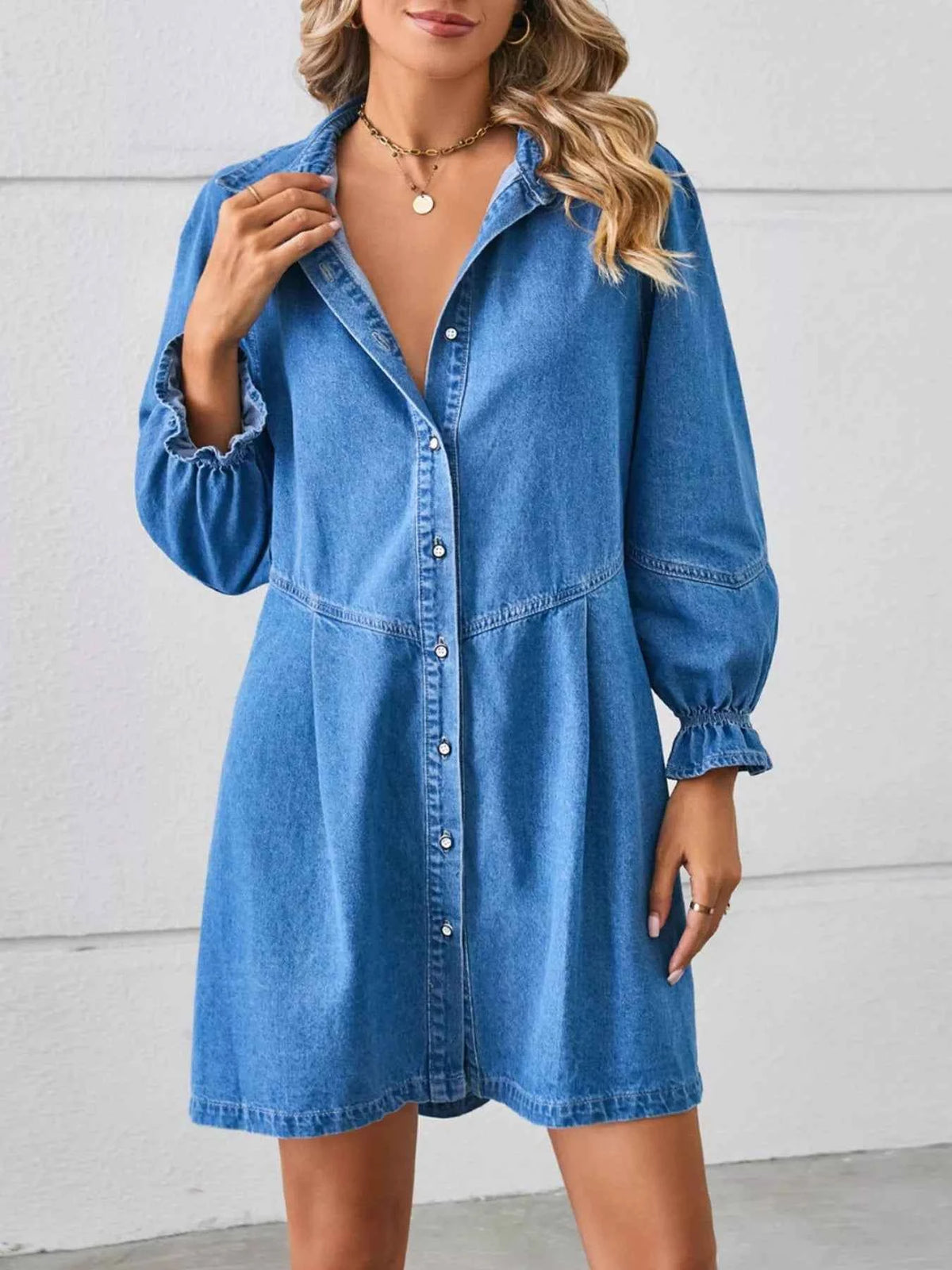Button-Front Ruffle Cuff Denim Dress Trendsi