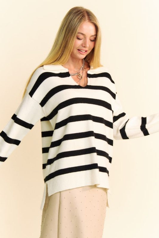 TEEK - White High-Low Side Slit Striped Johnny Collar Sweater TOPS TEEK Trend