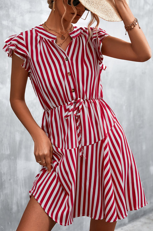 Ruffled Striped Cap Sleeve Mini Dress  TEEK Trend Deep Red S 