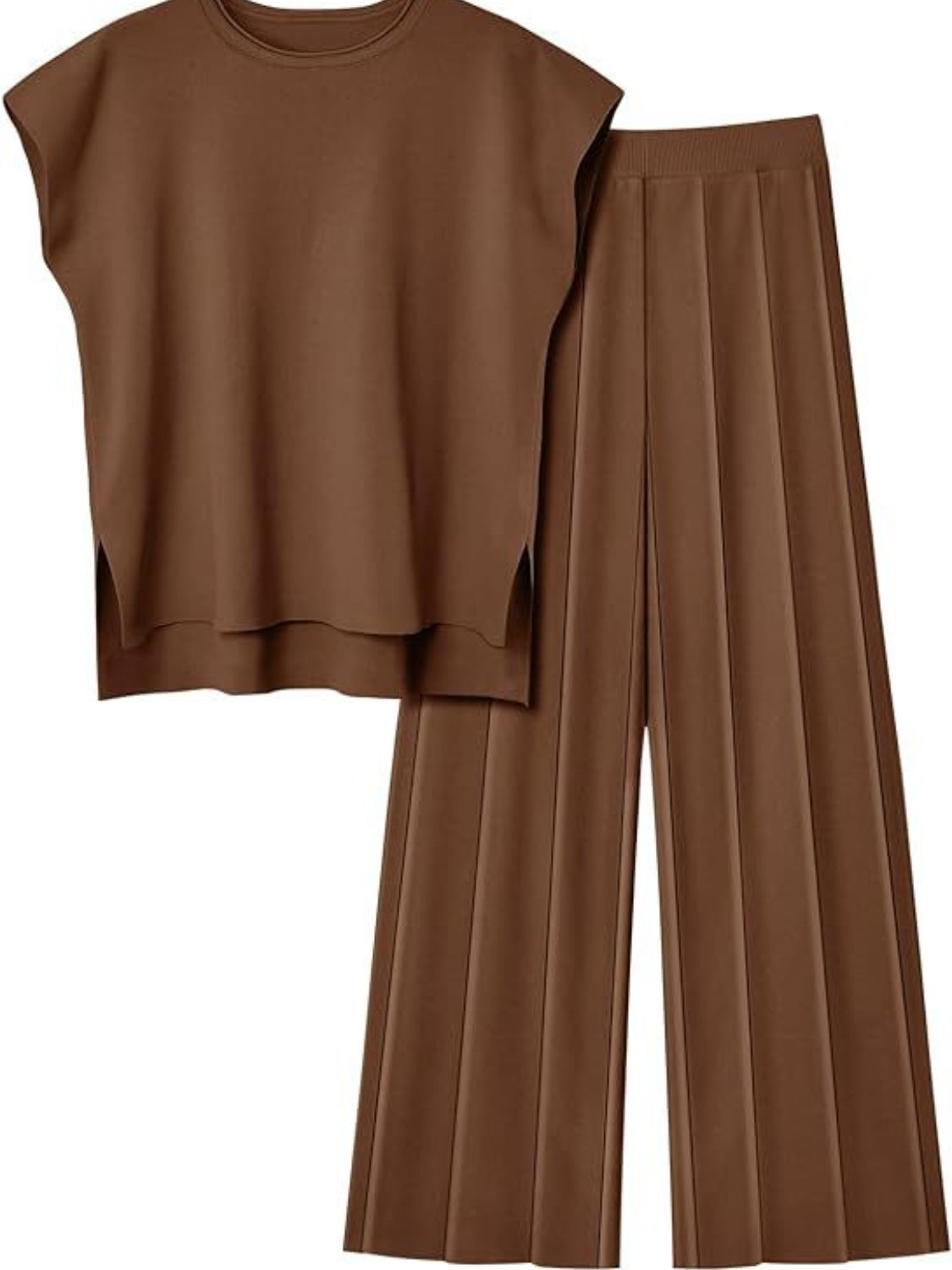 TEEK - Round Neck Cap Sleeve Top Pants Knit Set SET TEEK Trend Chestnut S 