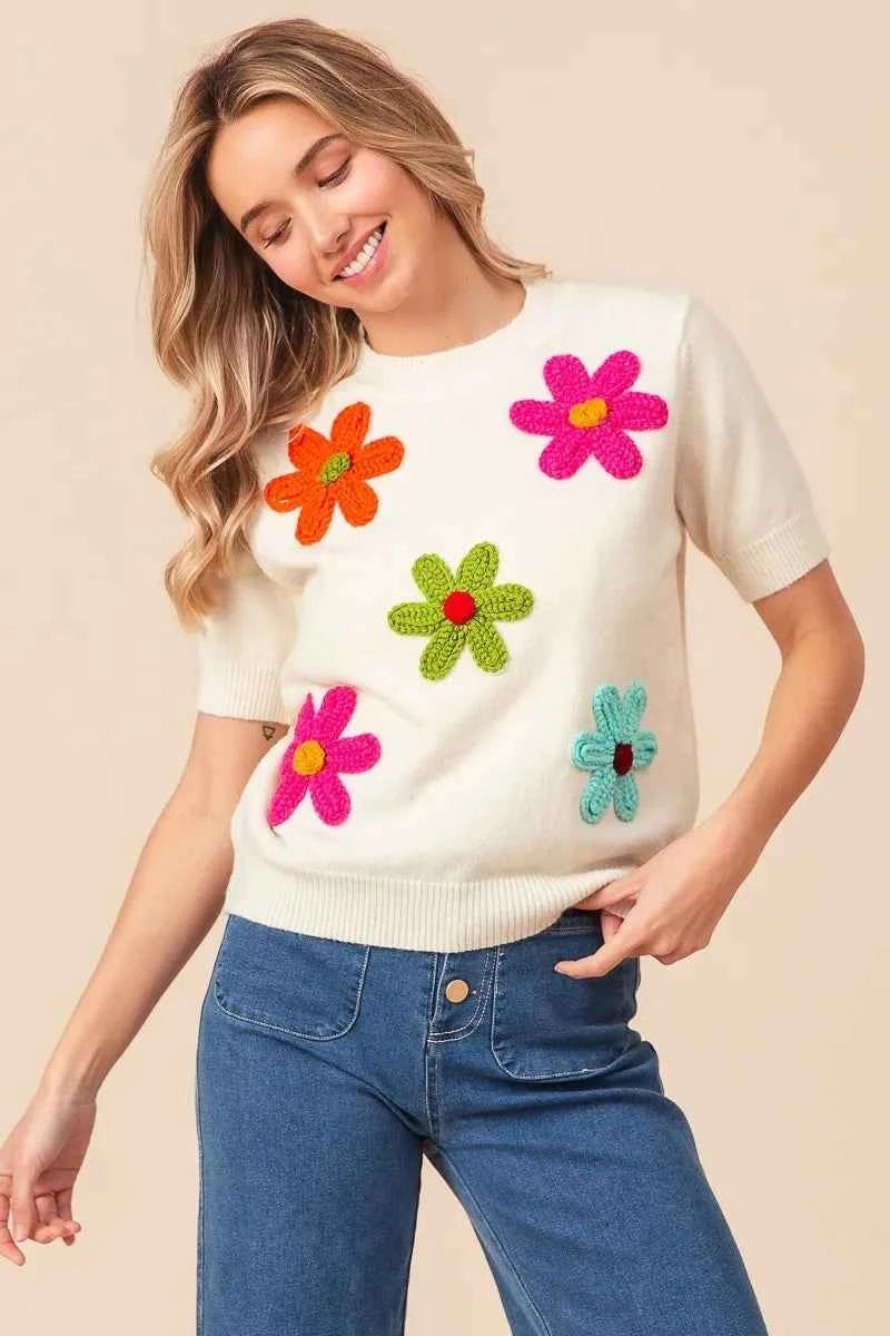 TEEK - Crochet Flower Patch Sweater Top TOPS TEEK Trend