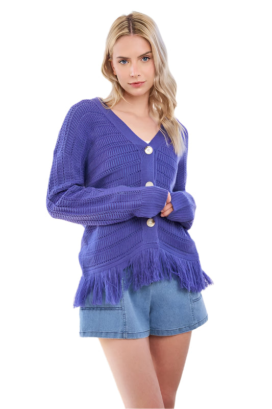 TEEK - Electric Purple Fringe V-Neck Button Up Long Sleeve Cardigan SWEATER TEEK Trend S