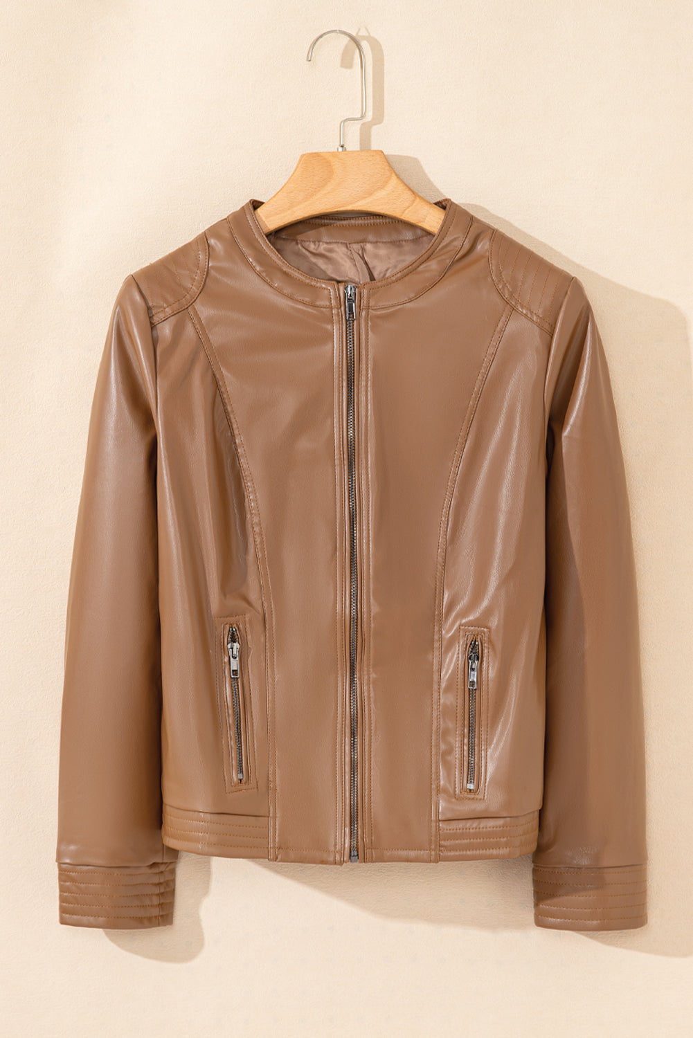 TEEK - PU Leather Round Neck Long Sleeve Jacket JACKET TEEK Trend