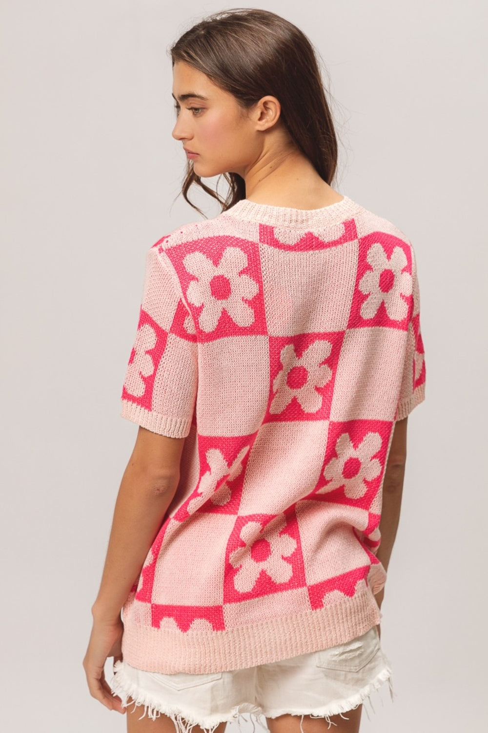 TEEK - Blush Fuchsia Flower Checker Pattern Short Sleeve Sweater SWEATER TEEK Trend   