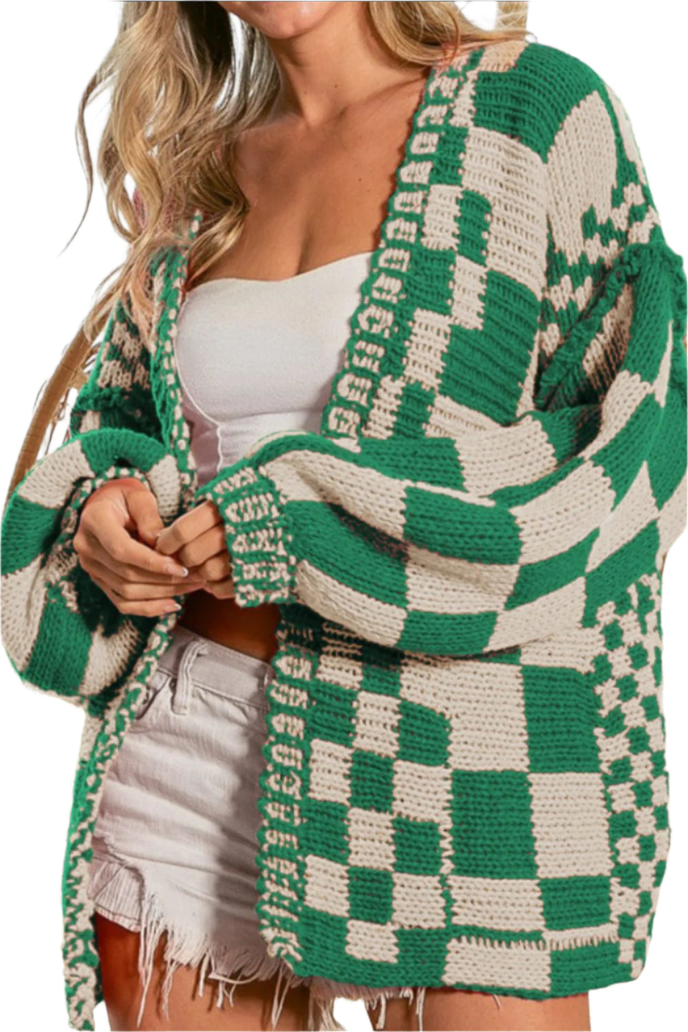 TEEK - Checkered Open Front Long Sleeve Cardigan SWEATER TEEK Trend Green S