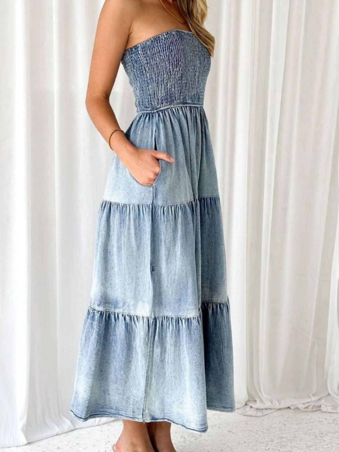 TEEK - Dusty Blue Slit Tube Tiered Denim Dress DRESS TEEK Trend   