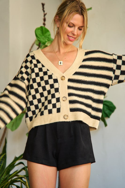 TEEK - Contrast Checkered Stripe Sweater Cardigan SWEATER TEEK FG BLACK/CREAM S/M 