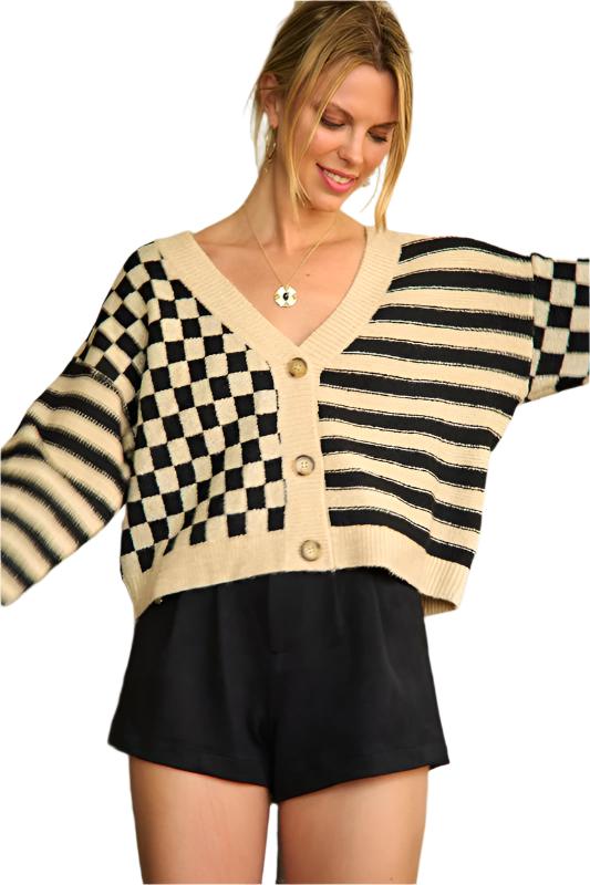 TEEK - Contrast Checkered Stripe Sweater Cardigan SWEATER TEEK FG BLACK/CREAM S/M 