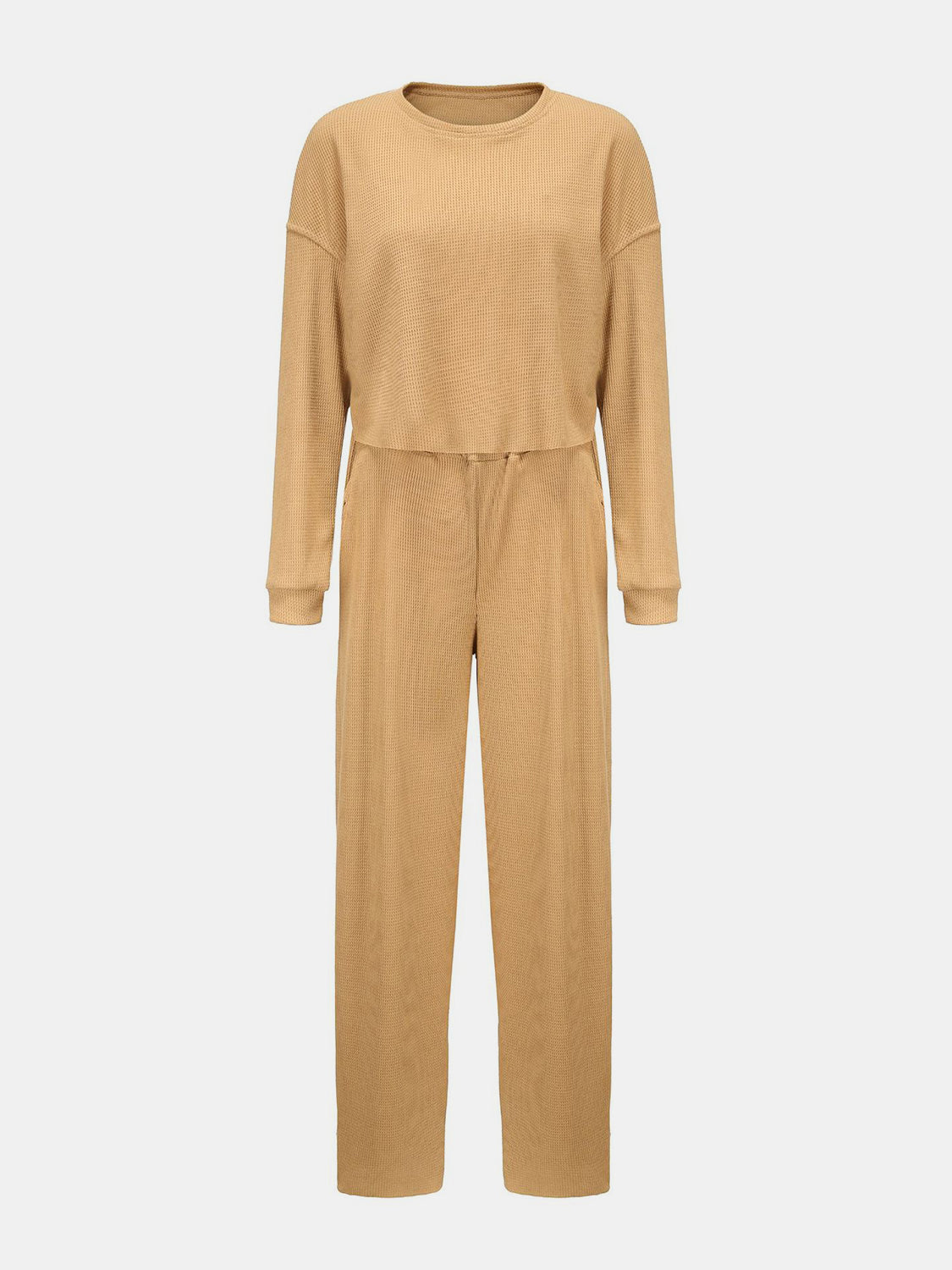 TEEK - Waffle-Knit Round Neck Top and Pants Set SET TEEK Trend Tan S 