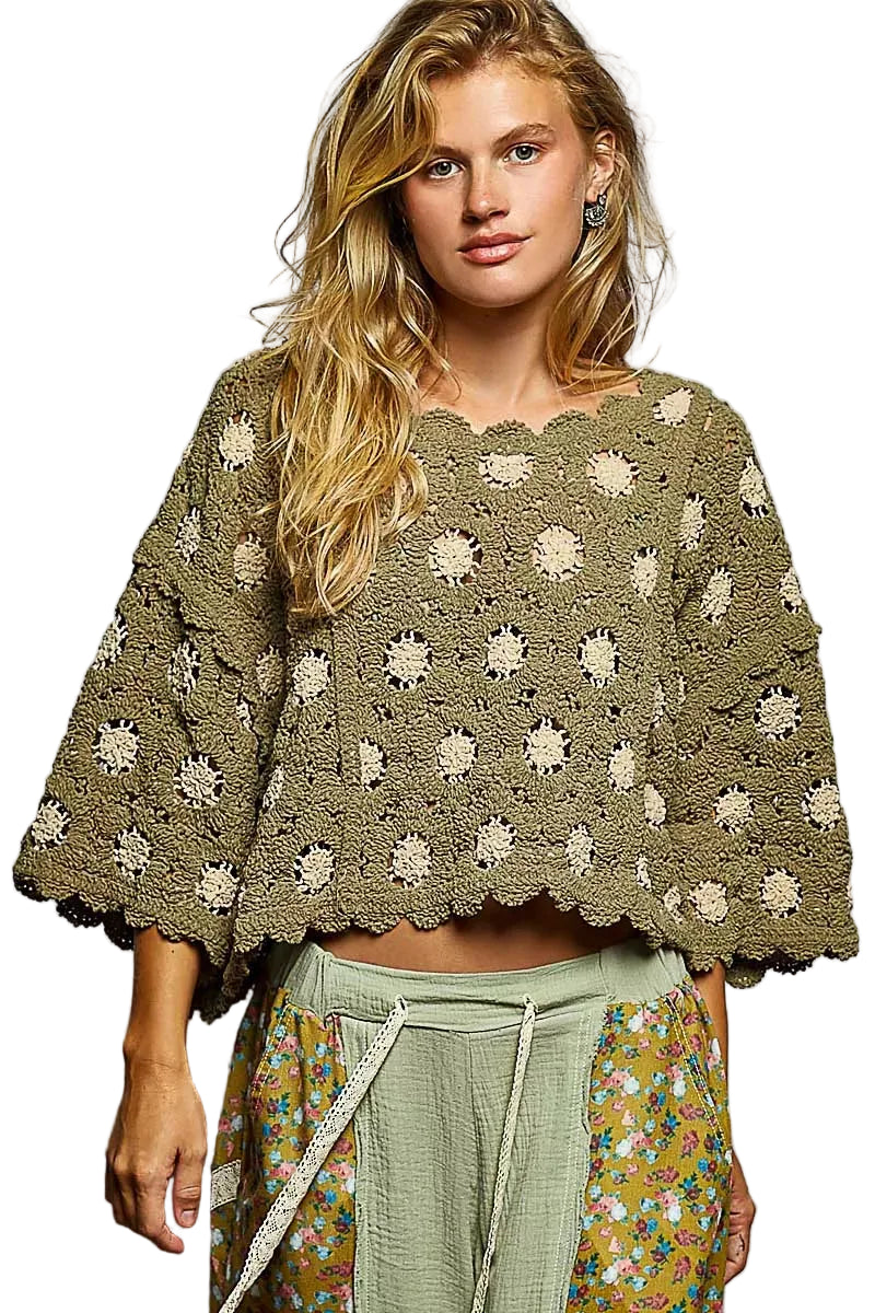 TEEK - Contrast Crochet Cropped Knit Top TOPS TEEK Trend OLIVE/ALMOND One Size