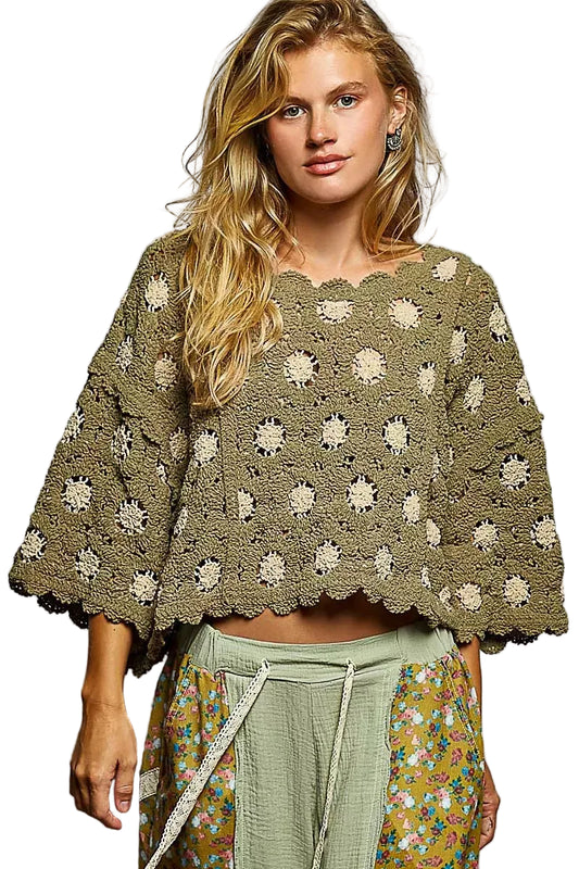 TEEK - Contrast Crochet Cropped Knit Top TOPS TEEK Trend OLIVE/ALMOND One Size