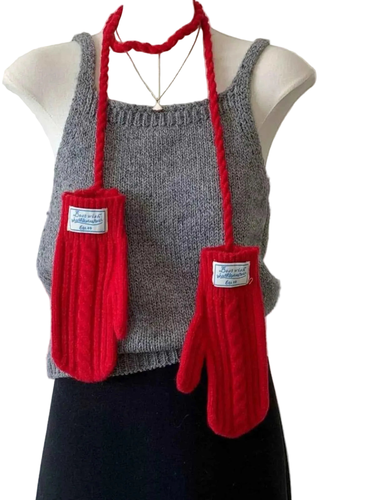 Cable Knitted Mittens with Neck Strap Trendsi