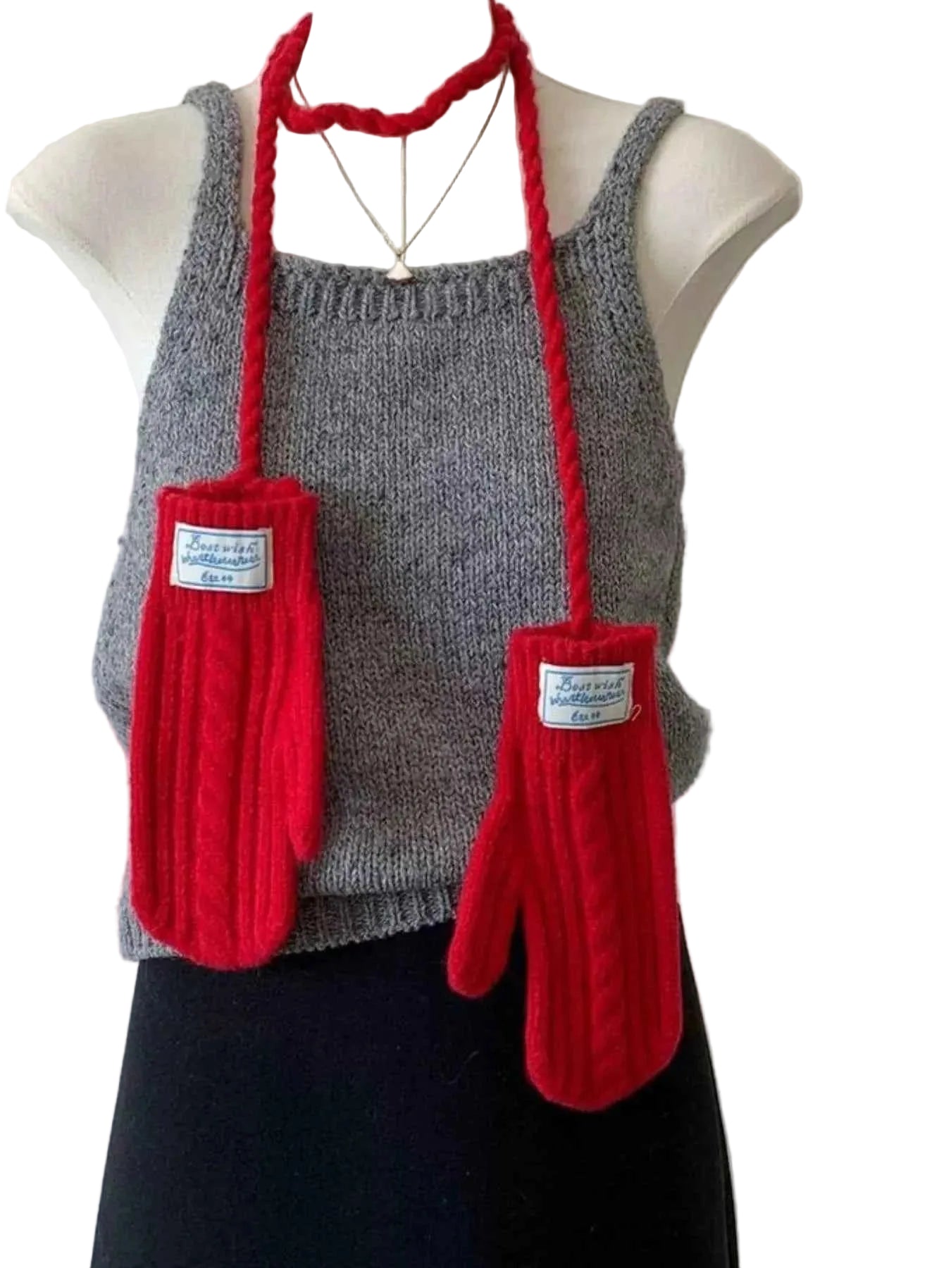 Cable Knitted Mittens with Neck Strap Trendsi
