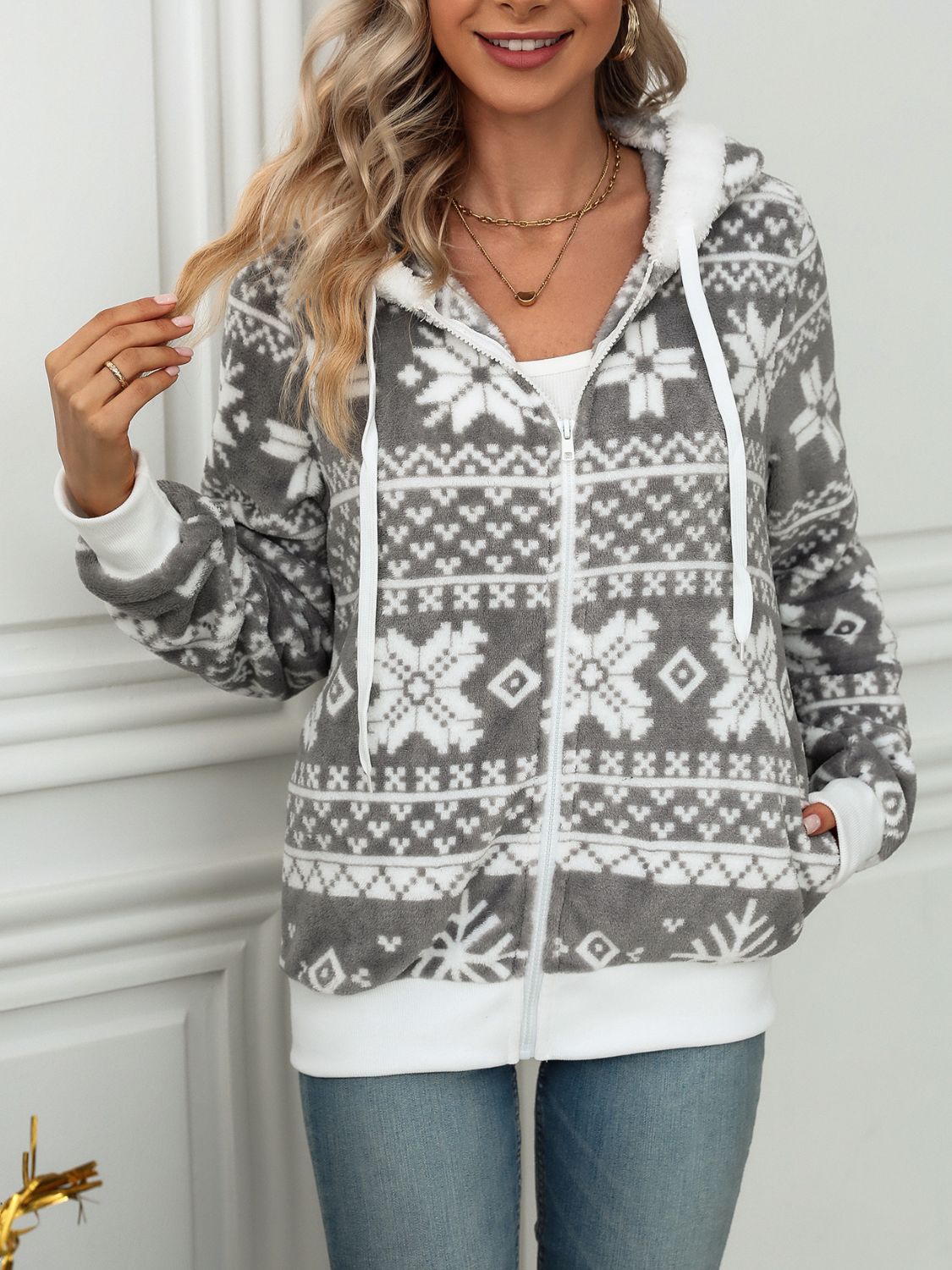 TEEK - Grey Drawstring Snowflake Zip Up Hoodie JACKET TEEK Trend