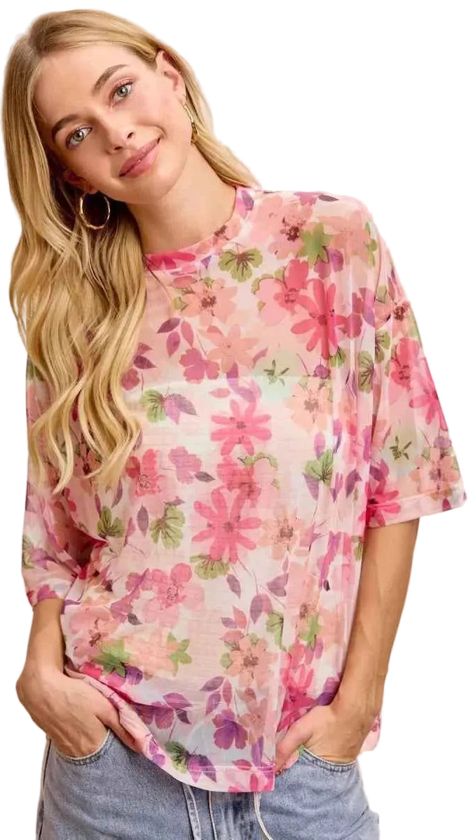 BiBi Floral Print Short Sleeves Boxy Mesh Top Trendsi PINK MULTI S