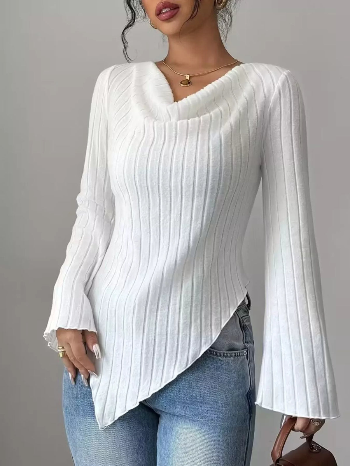 TEEK - Cowl Neck Ribbed Knit Top TOPS TEEK Trend White S