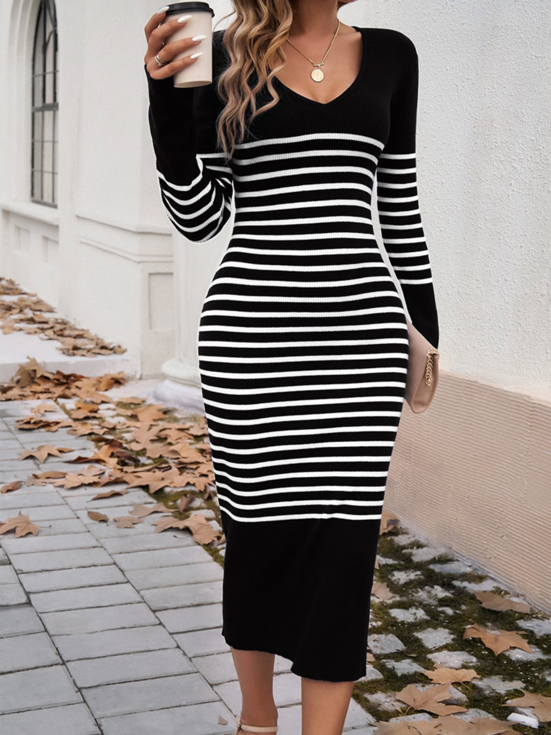 TEEK - Devine Striped V-Neck Long Sleeve Sweater Dress  TEEK Trend   