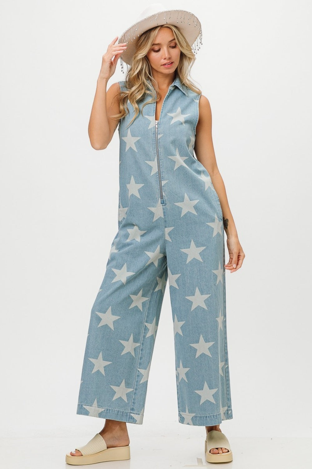 TEEK - Star Print Half Zip Sleeveless Denim Jumpsuit JUMPSUIT TEEK Trend   