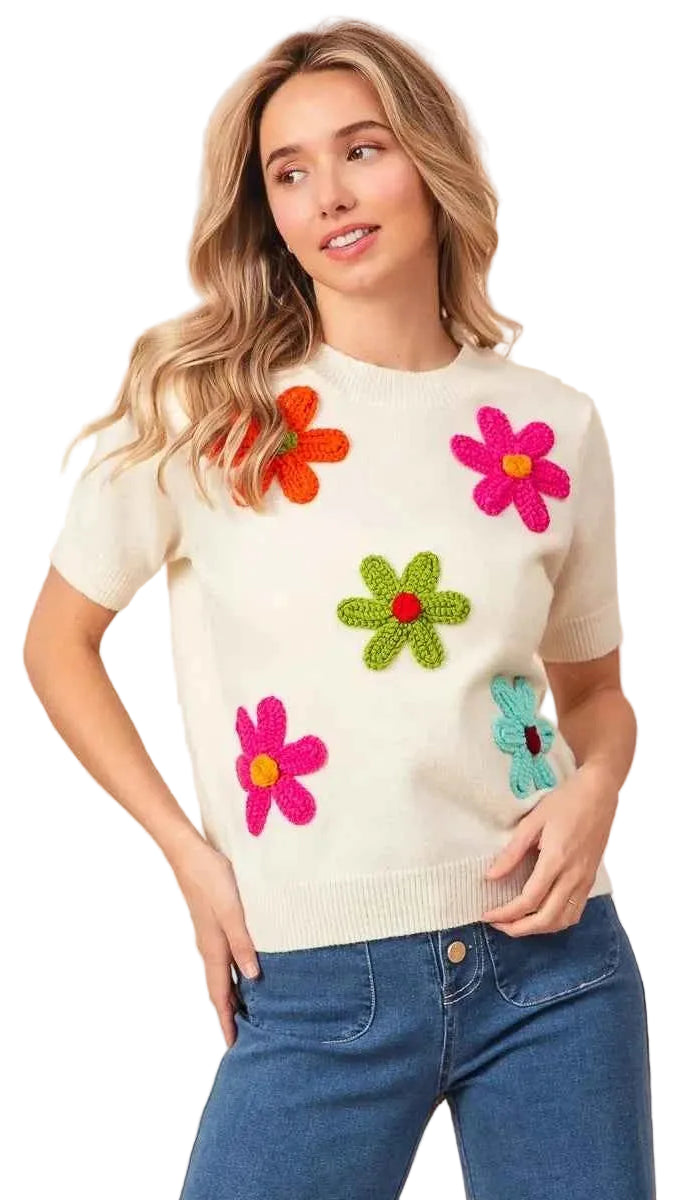 TEEK - Crochet Flower Patch Sweater Top TOPS TEEK Trend IVORY S