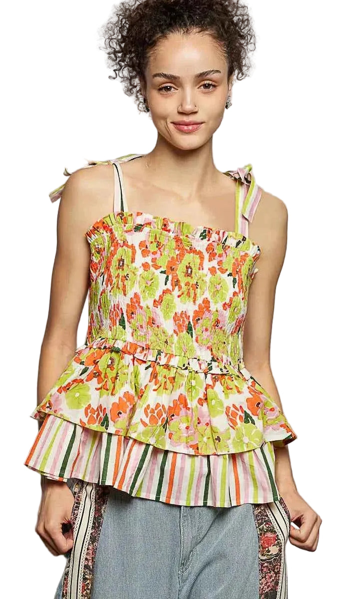 POL Floral Smocked Ruffled Cami with Tie Shoulder Straps Trendsi LIME MULTI S