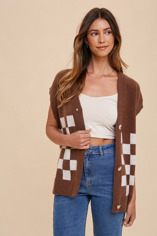 TEEK - Dark Brown Checkered Button Down Short Sleeve Cardigan SWEATER TEEK Trend