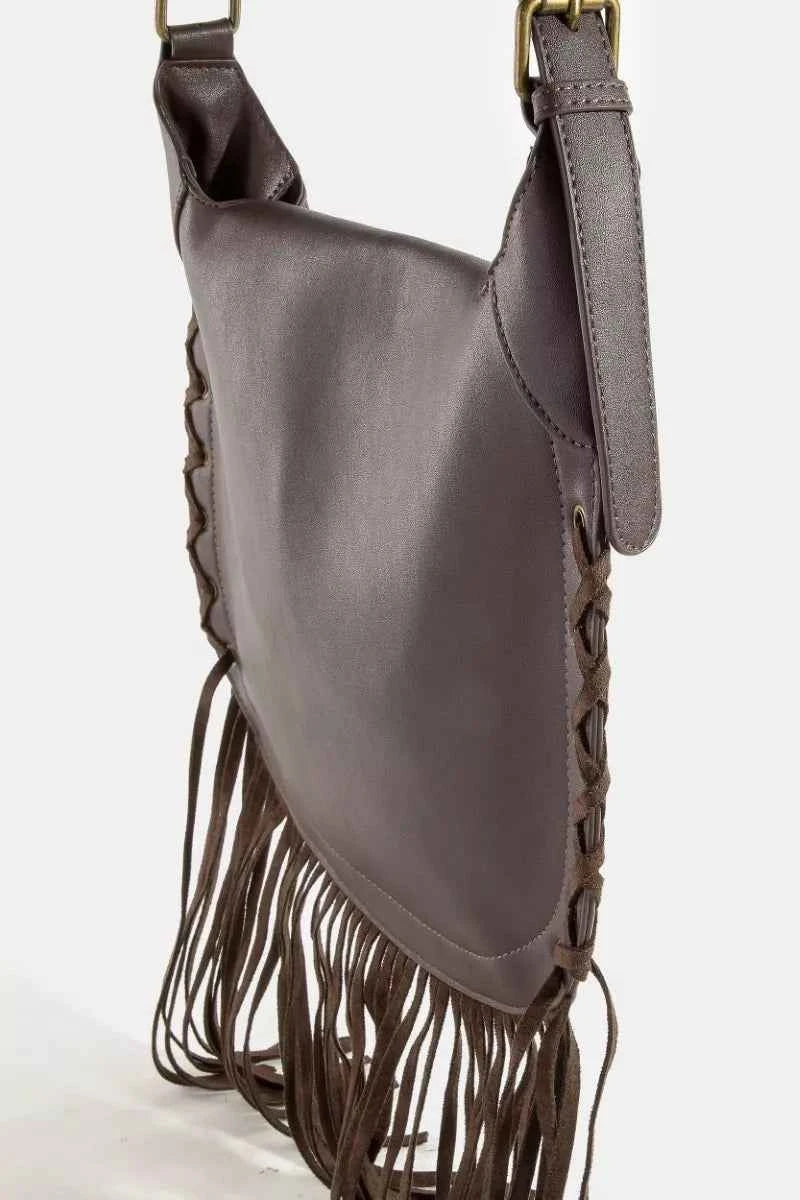 Fame Rivet Trim Suede Fringe Shoulder Bag