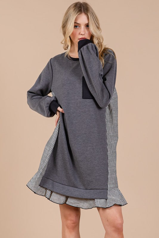 TEEK - Charcoal Striped Patchwork Terry Sweatshirt Dress DRESS TEEK Trend