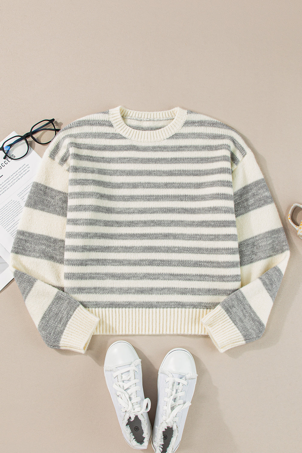 TEEK - Grey Striped Round Neck Dropped Shoulder Sweater TOPS TEEK Trend