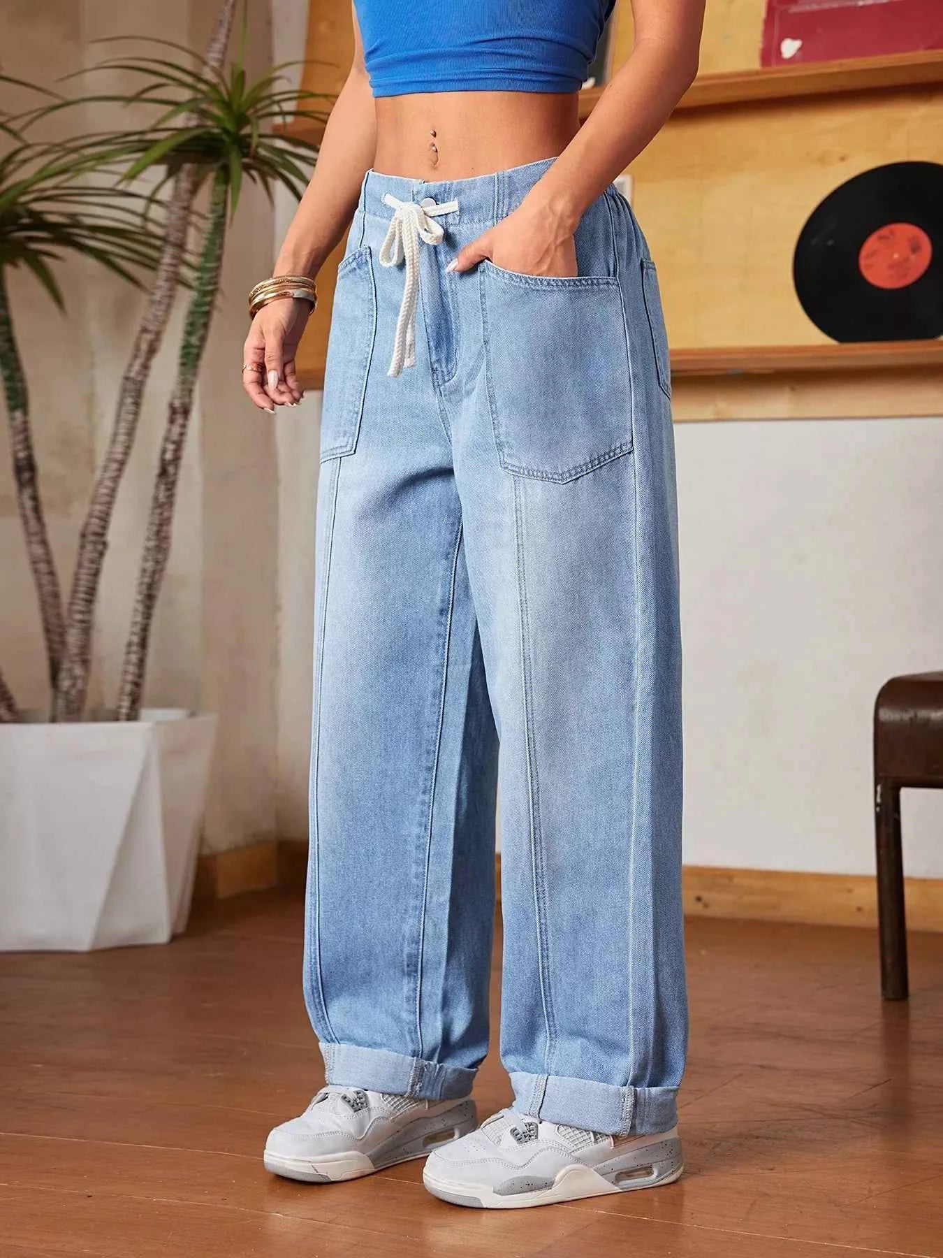 TEEK - Drawstring Wide Leg Jeans JEANS TEEK Trend